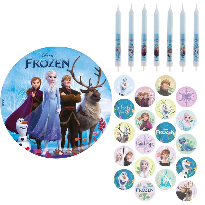 dekora, Kit Tarta Frozen Disco de Oblea, Velas y Mini discos para Cupcakes, Decoración para Tarta de Cumpleaños Infantil de Elsa & Anna, Ideal para Fiestas Temáticas
