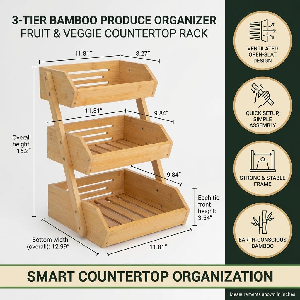 Bamboo Fruit Basket 3-Tier - Premium Produce Bamboo Basket for Kitchen - Durable & Easy to Assemble Stand for Countertop - Perfect Holder for Vegetables, Bread, Snacks & More