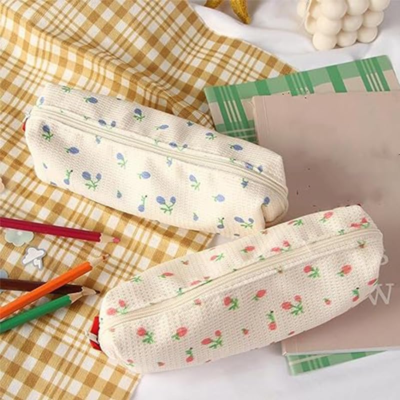 Image of Jinshining Pink Strawberries Women Fresh Style Pencil Bag Flower Floral Canvas Large Pen Pencil Pouch Bag Pencil Case Pen Holder Coin Pouch, Simple Cosmetic Storage Bags Makeup Bag Marker Cases