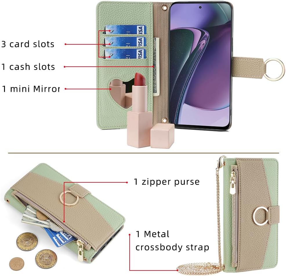 Wallet Case with Crossbody Strap Compatible for Motorola Moto G Stylus 5G (2023), Magnetic Handbag Zipper Pocket Cases PU Leather Flip Shockproof Cover with Kickstand Green