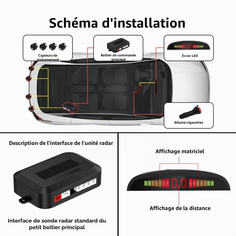 Kit d'aide au stationnement sans fil, système de radar de recul avec 4 capteurs PDC, affichage de distance LED sans fil avec avertissement sonore