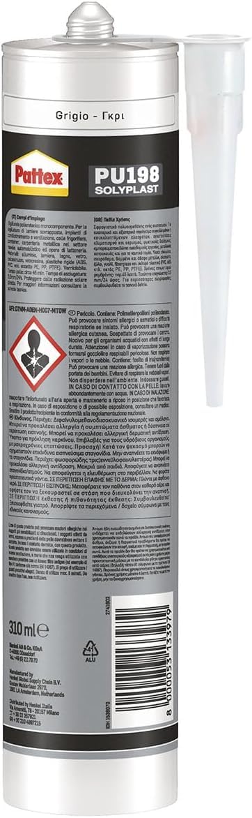 Pattex PU 198, Silicone sigillante verniciabile ad alta elasticità, Sigillante poliuretanico grigio per carrozzeria auto e barche, Colla poliuretanica ad asciugatura rapida, 1 cartuccia da 310 ml
