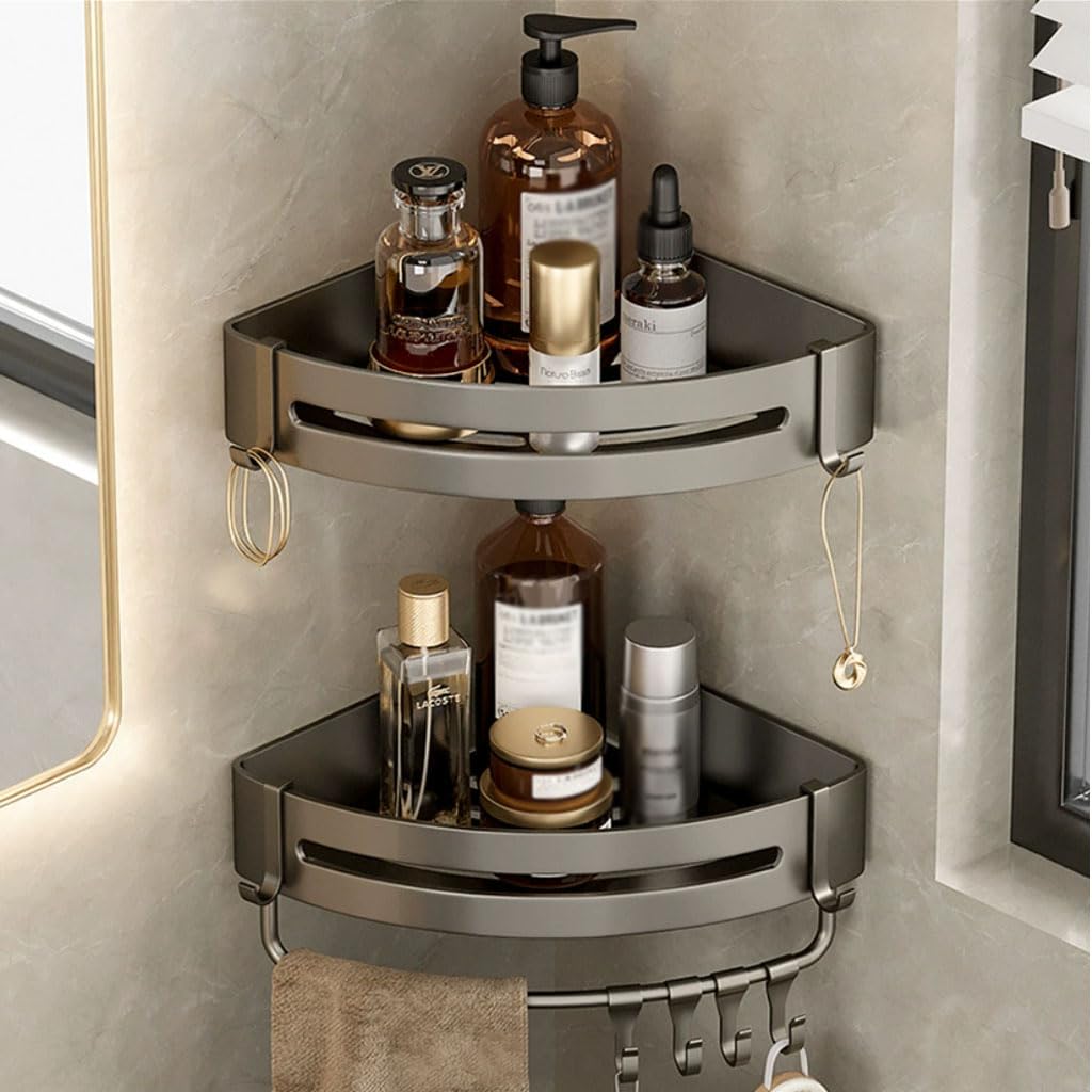 Estante de Ducha sin Taladro, Estante de Pared Triangular, Organizador de baño de Aluminio, toallero con Gancho, Almacenamiento para Ducha y Lavabo,2Etage