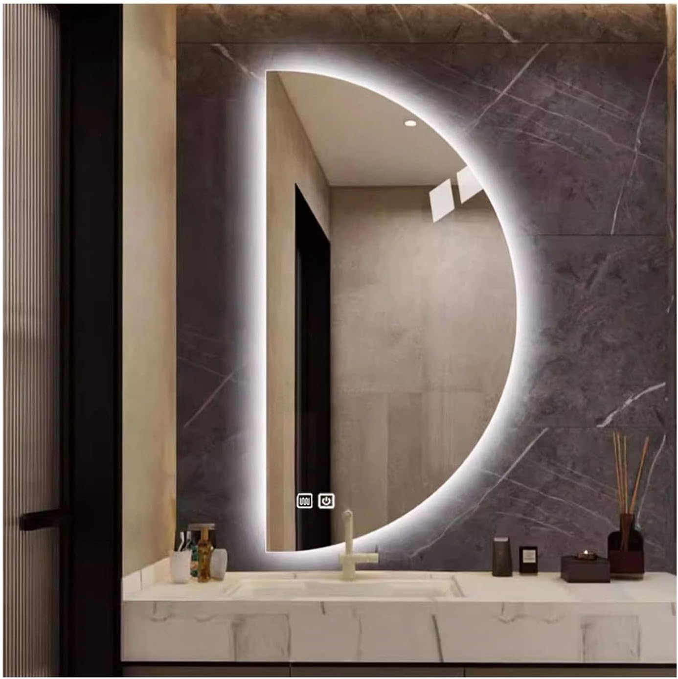Half Moon LED Bathroom Mirror, Semi Circle Wall Mirror with Anti-Fog, Half Circle Frameless Mirror with Dimmable Brightness & Time Display for Bedroom, Living Room, Entryway Right Arc 32"L x 16"W