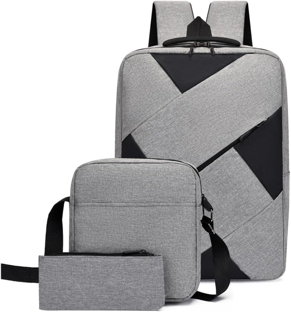 Laptop Backpack Set 3-Piece Travel Bag Collection with USB Port 15.6 Inch Computer Compartment Water-Repellent (Black and Grey)