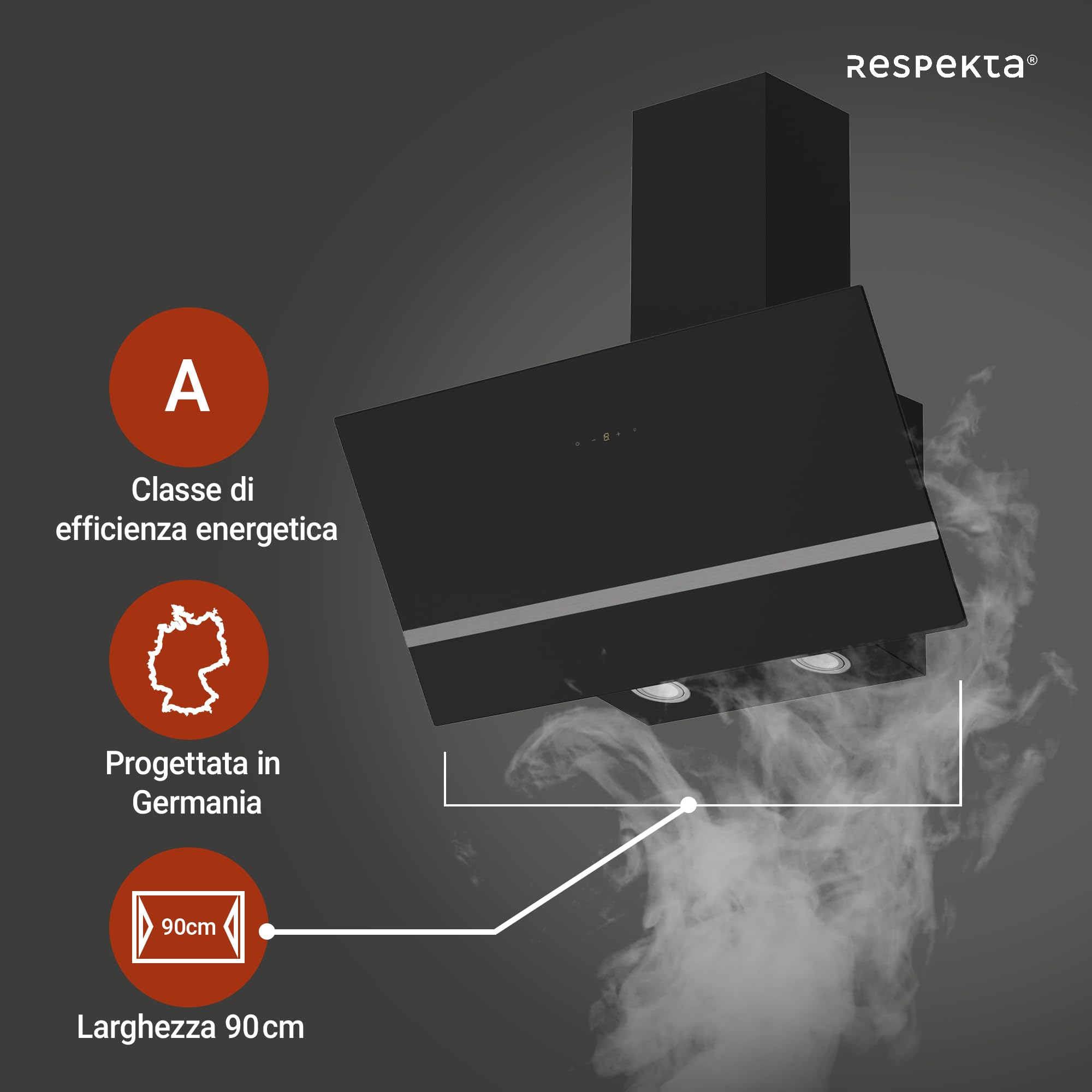 Respekta Cappa Isola senza Cappa, Cappa inclinata 90 cm, Struttura in metallo con paralume in vetro Nero, Funzione di scarico e ricircolo d'aria, CH24090SAM, A, 54 - 68 dB