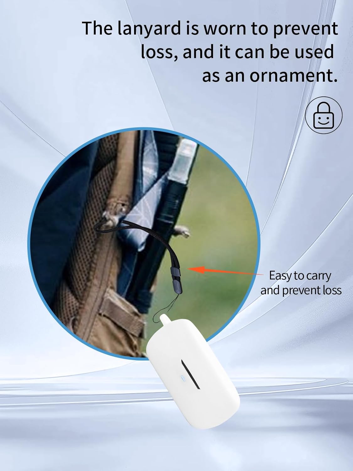White earbud case with a black lanyard attached, hooked onto a backpack strap, demonstrating portability and loss prevention.