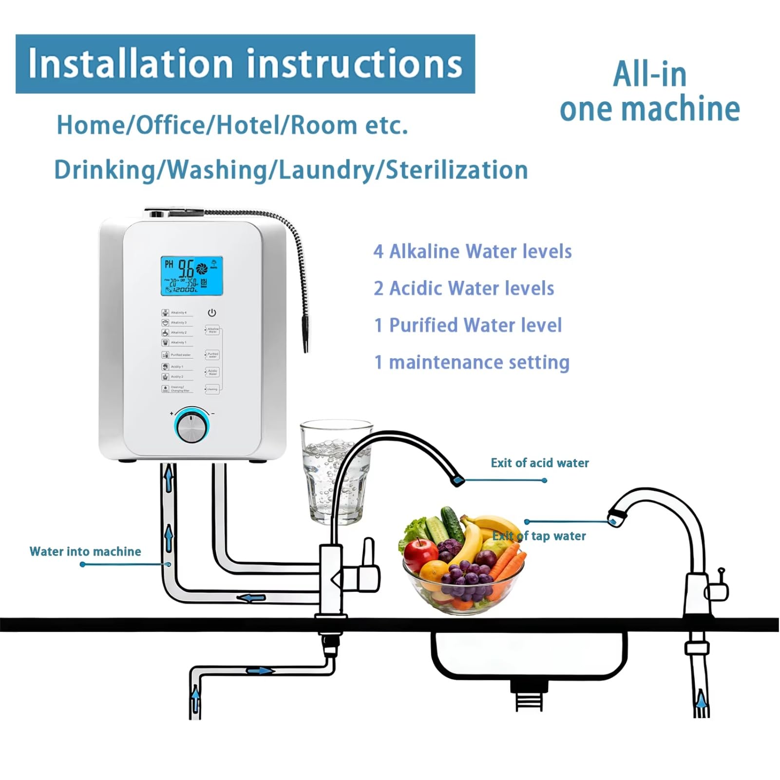 Ionizador de Agua alcalina para el hogar, Máquina de Agua Rica en hidrógeno, Purificador de Agua ácida pH 2,8–11, Filtro de Agua hasta -800 mV ORP, 10000 litros por Filtro Black