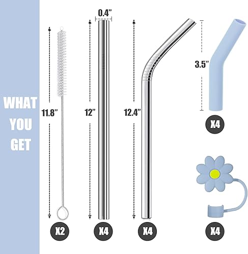 Miniatura 2 de 8 popotes de acero inoxidable compatibles con vasos Stanley Adveture Quencher de 40 onzas, popote de repuesto de 12 pulgadas con 8 fundas para