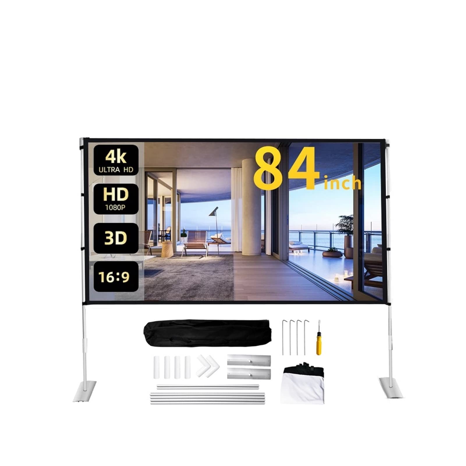 Myuyee Light 16:9 Outdoor -Proof Bracket 84-Inch Home Projector -Proof Portable Folding High-Definition Screen With Bracket Gaming, Office