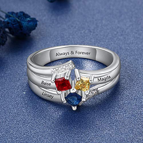 Sterling silver Personalized 3 Stone mothers ring Women engraved Name Rings for mom, birthstone ring for her family jewelry Promise Ring3