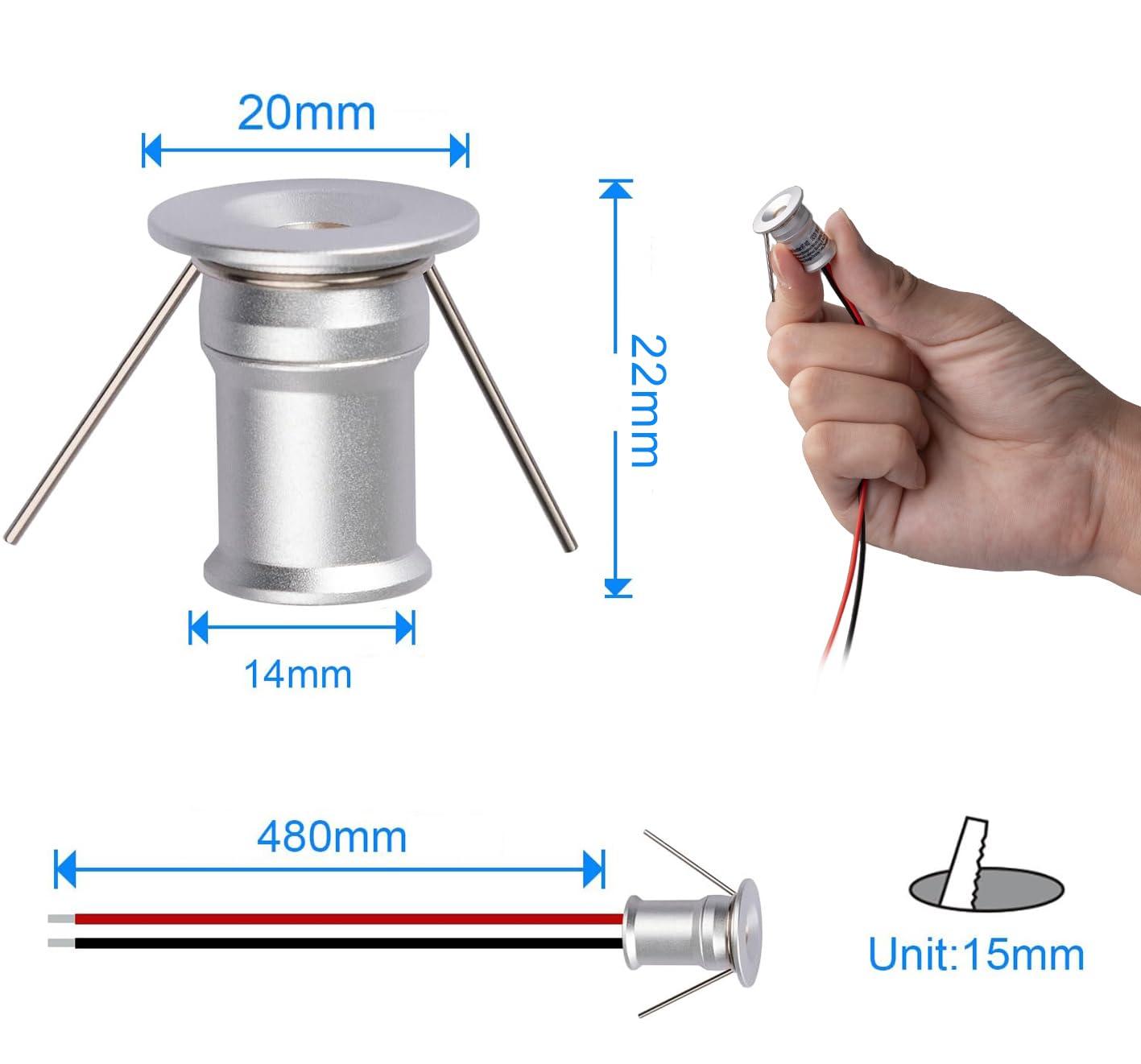 902 120° mini reflektor LED, DC12V 1W, 80Ra, 75lm, niewielki rozmiar, montaż wbudowany, nadaje się do oświetlenia szafek, takich jak szafki na wino, szafki na buty itp.(3000K,Silver,9Pack)