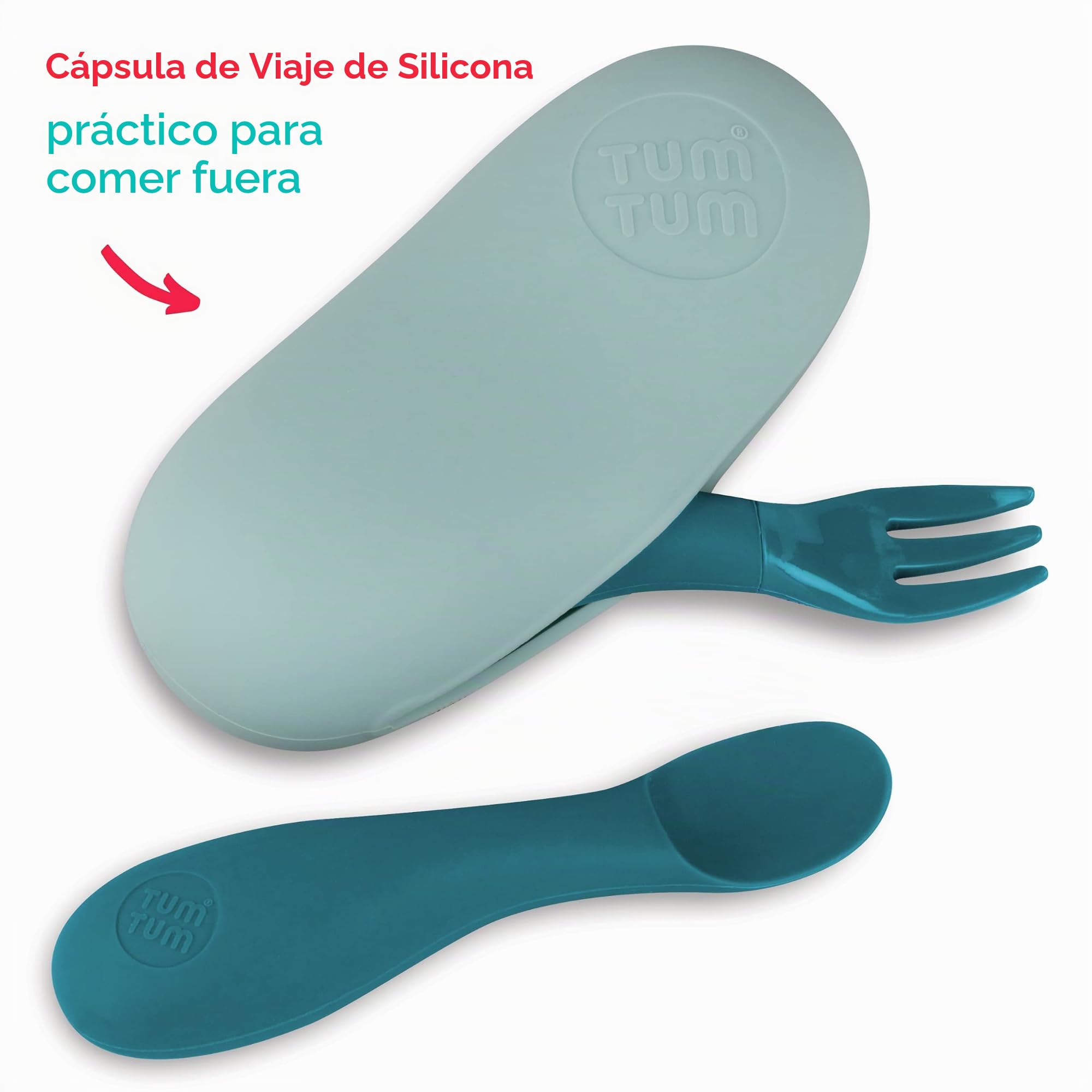 TUM TUM Cubiertos de Bebé con Estuche de Cubiertos, Tenedor y Cuchara de Bebé, 6m+, Azul