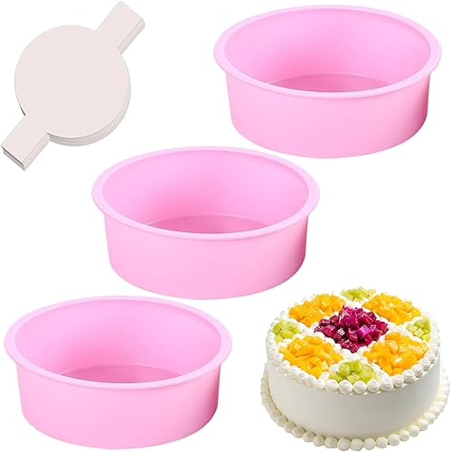 Miniatura 8 de Moldes redondos de 4 pulgadas para hornear, paquete de 3 moldes de silicona para pasteles con 100 piezas de papel pergamino, moldes antiadherentes