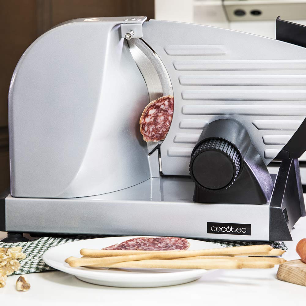 Cecotec Wurstschneider Rock'nCut Twin. 180 W mit 2 austauschbaren Scheiben zum Schneiden von Wurst oder Brot, Antihaftbeschichtung RockStone, Dickepräzision bis zu 15 mm