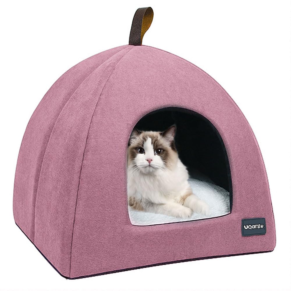 Voarge Cama Gato Cueva, Cueva Suave Gato, Suave Felpa Cálida Camas para Gatos, Nido de Gato con Cojín Interior Extraíble y Lavable (Rosa, Small)
