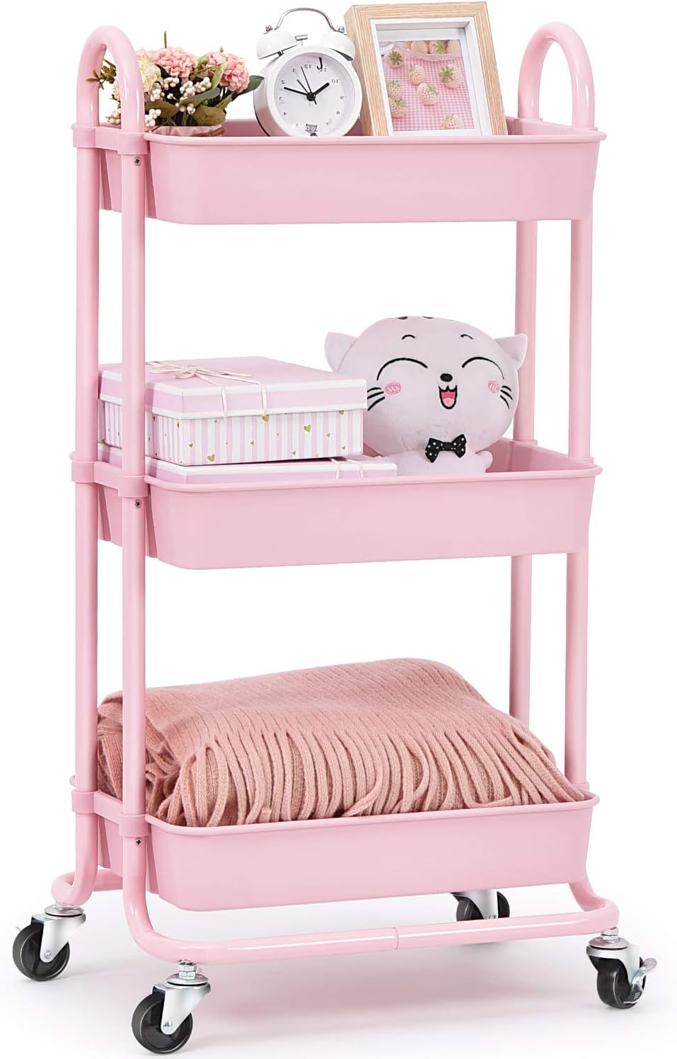TOOLFUtility Cart, 3 Tier Rolling Storage Cart with Wheels, Storage Organizer for Lash Makeup Diaper Baby Nursery, Serving Baskets Trolley for Home, Office, Kitchen, Bathroom (Pink)