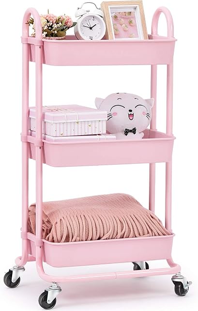 KINGRACK Storage Trolley Cart, 3 Tier Rolling Cart, Multi-Purpose Storage Organiser, Organizer Trolley with Handles, Utility Cart with Lock Wheels, Serving Trolley for Home, Office, Kitchen, Bathroom