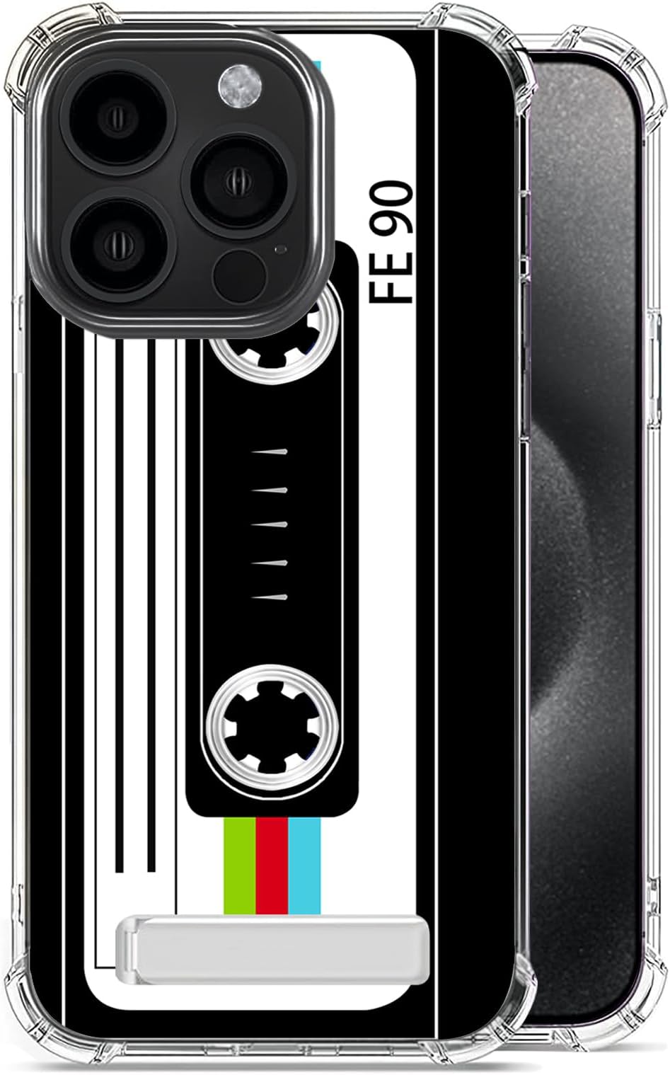 Retro Cassette Tape Case for Phone 15 Pro Max with Boost Kickstand/Rotatable Stand,Military-Grade Drop Protection Slim Phone Case Cover for Phone 15 Pro Max 6.7in - Color Cassette Tape