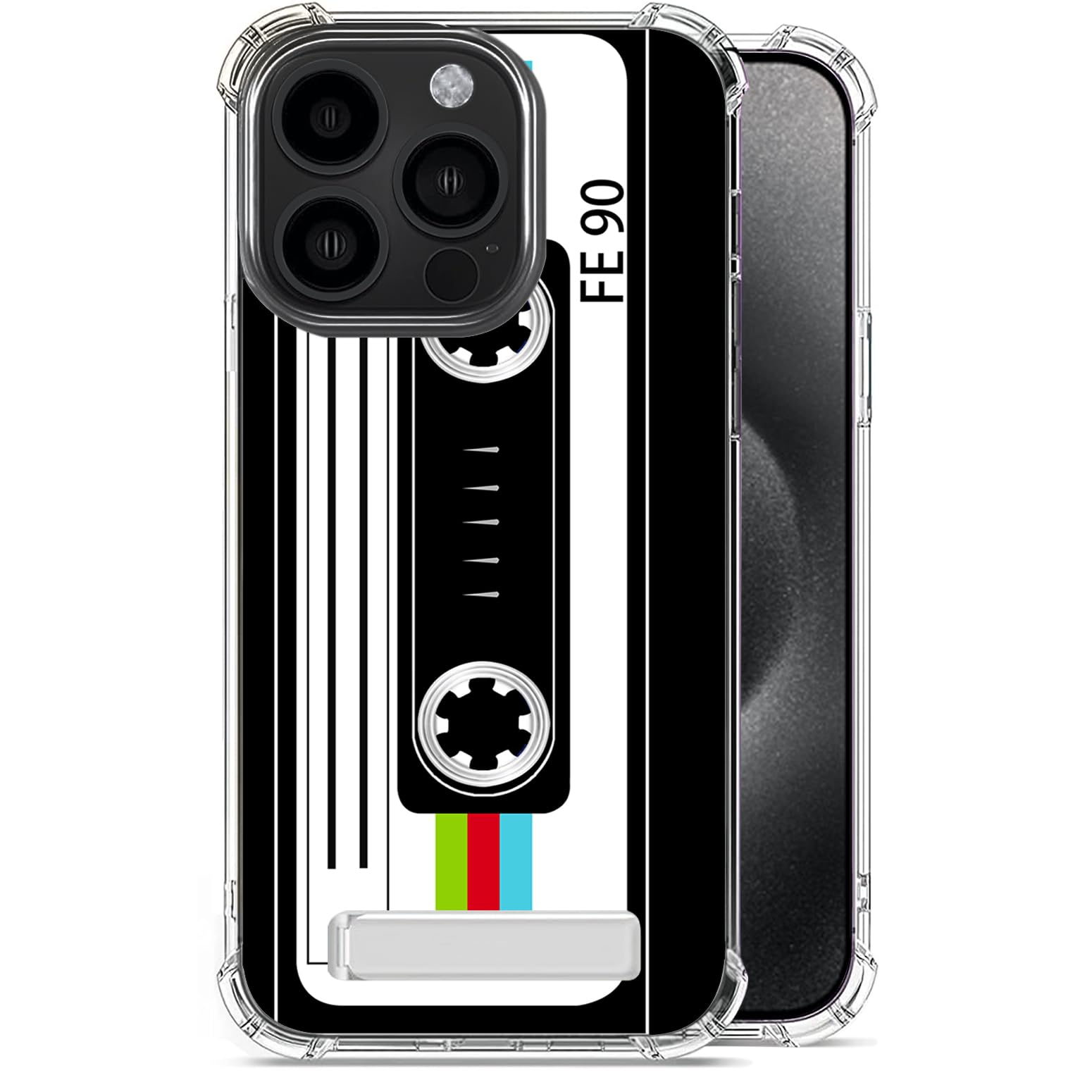 Retro Cassette Tape Case for Phone 15 Pro Max with Boost Kickstand/Rotatable Stand,Military-Grade Drop Protection Slim Phone Case Cover for Phone 15 Pro Max 6.7in - Color Cassette Tape