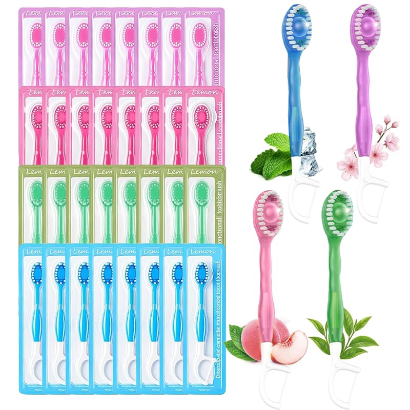 32 Pack 5-in-1 Disposable Toothbrushes with Toothpaste Floss Pick & Tongue Scraper Portable Mini Travel Toothbrush Set for Adults Individually Wrapped Work Camping 4 Flavor