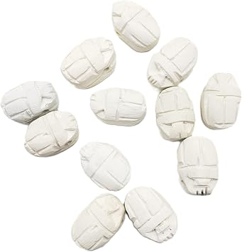Egyptian Scarab Beads Set of 12 Small - Horizontal Drilled - White Hand-Carved Soapstone - Ancient Egypt Hieroglyphs - Made in Egypt