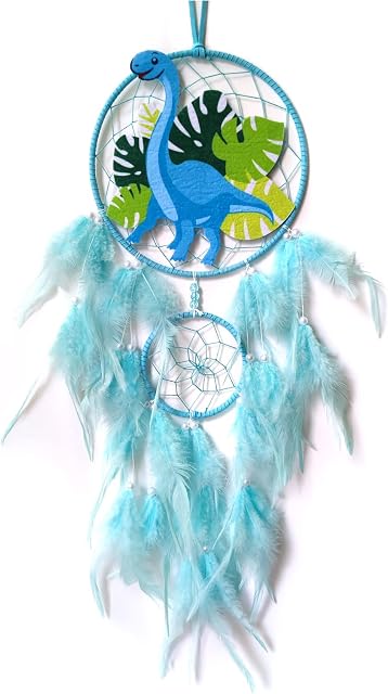 Donko Dinosaur Dream Catcher Blue Dream Catcher for Boys Girls Bedroom Accessories Handmade Feather Dreamcatcher Ornaments for Bedroom Kids Wall Hanging Blessing GIfts