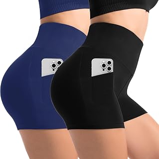 CADITEX Biker Shorts with Pockets for Women, 2 Pack High Waisted Spandex Yoga Shorts(Black/Navyblue SM)