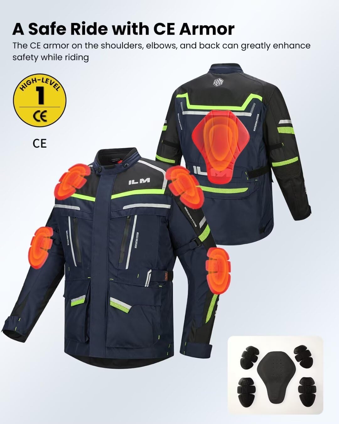 ILM Men's Street Motorcycle Jacket with CE Armor and Detachable Thermal Liner All Season Waterproof Adventure Touring Jackets Model JRL3 Blue, L - Image 7