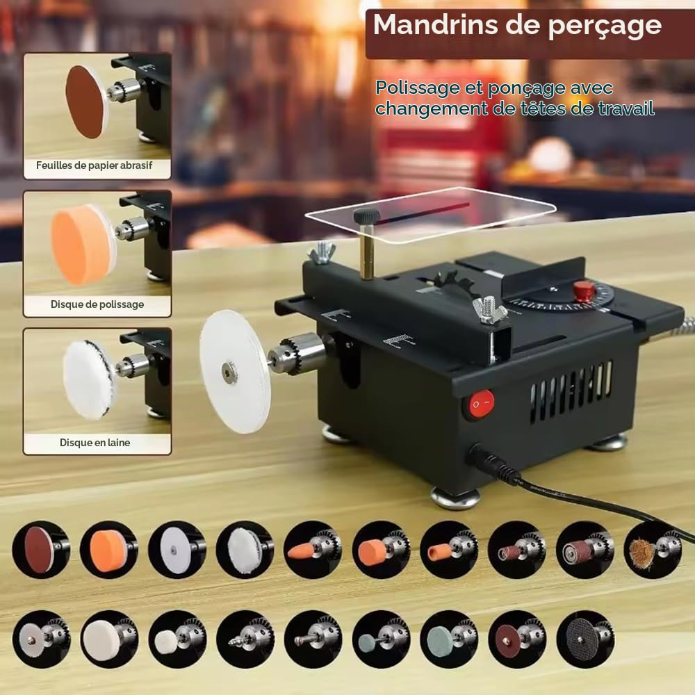 Mini scie de table,Mini Scie Circulair de Table,Mini Table scie ponceuse à bande,96w,Vitesse :9 000r/min,0-90°/15 mm Angle Réglable Scie avec Volet de Sécur,pour modélisme, entreprises artisanales