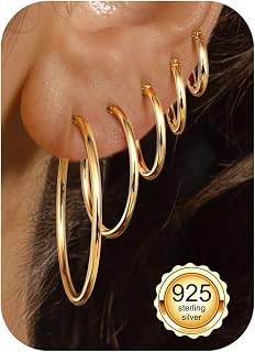 FUNRUN JEWELRY 5 Pairs 925 Sterling Silver Hoop Earrings for Women-Small 14K Gold Silver Hoops Earrings,Hypoallergenic Silver Hoop Earring for Women-Medium Big Hoops Stack Earring 10/14/20/30/40mm