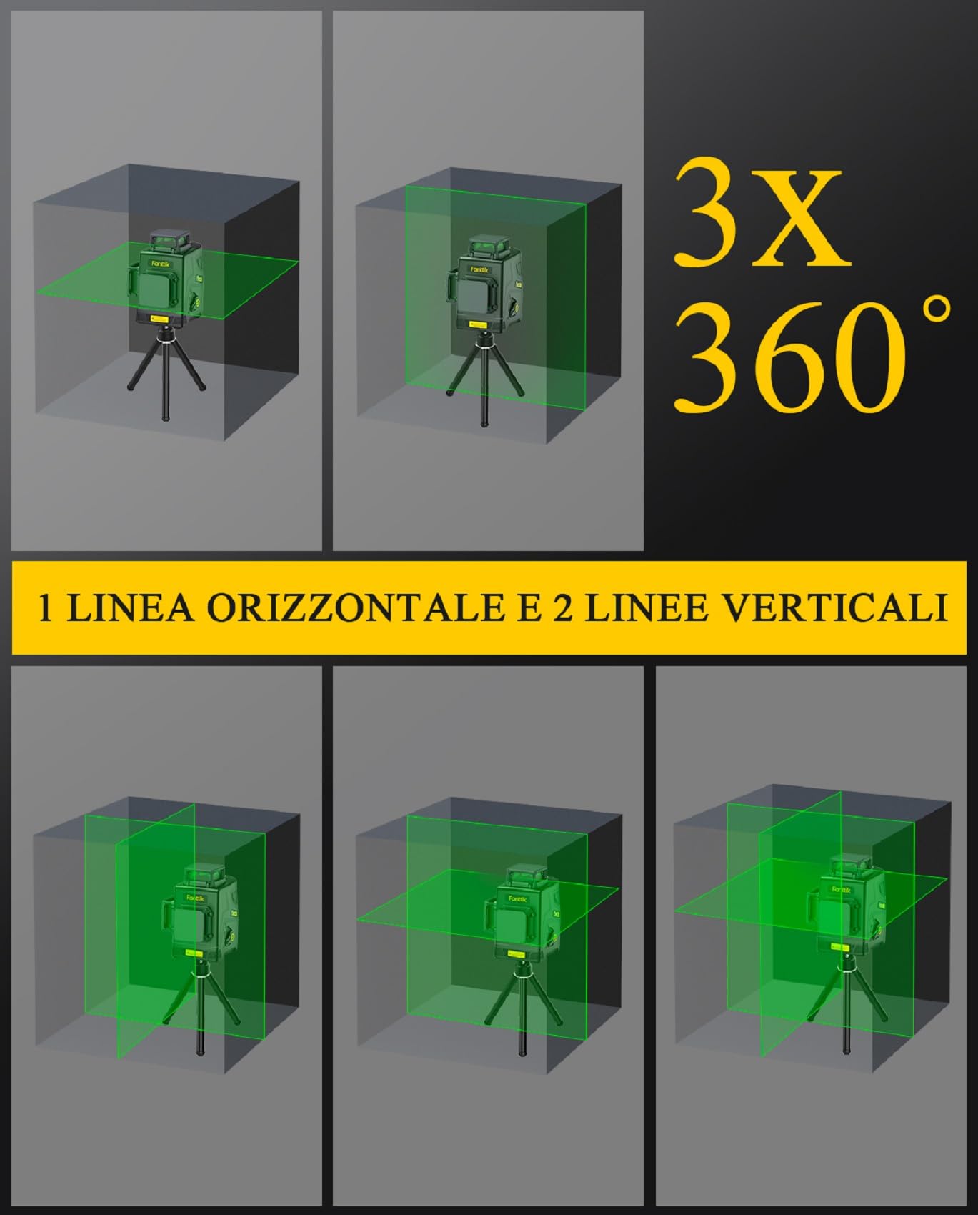 Fanttik D12 PLUS Livella Laser Autolivellante 3×360°, Linea Croce Verde di Precisione 3D, Batteria Rimovibile da 5200 mAh, Staffa Magnetica, Custodia da Trasporto, per Costruire e Appendere Quadri