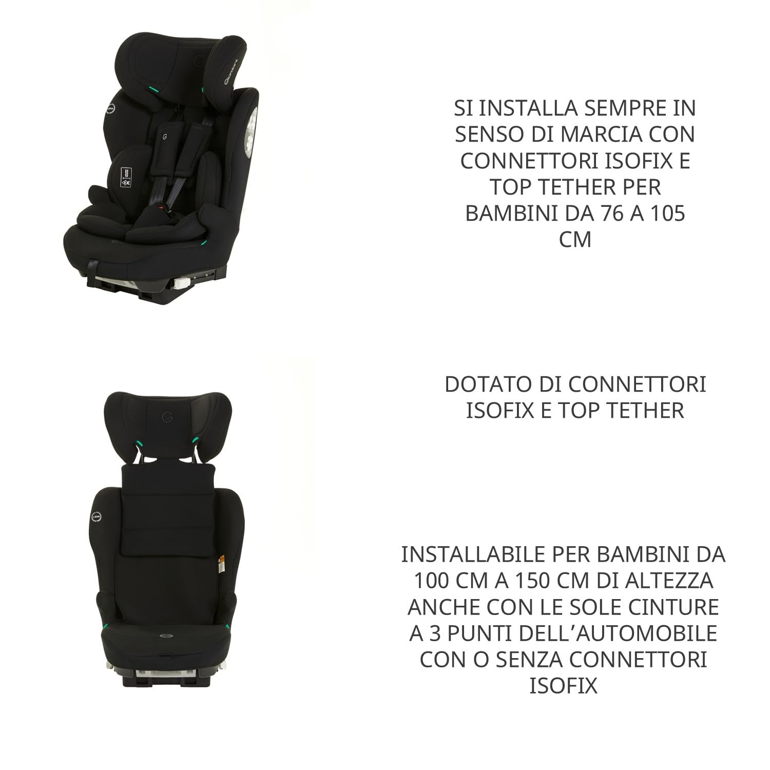 Giordani Antares Seggiolino Auto 76-150 cm i-Size, Omologato R129/03 con Isofix e Top Tether, con Riduttore Ergonomico, Sistema Harness Retainer e Cinture Regolabili, Evolutivo 0-12 Anni