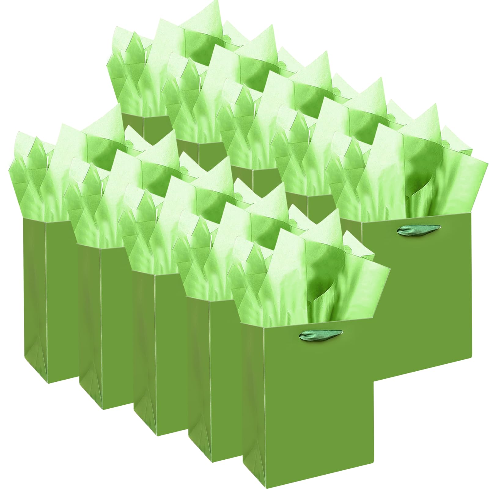 Gcardist Pack of 10 Field Green Mini Gift Bags with Tissue Paper Handles, 6.3 x 4.7 x 2.4 inches, Small Gift Bags for Parties (20 Pieces Tissue Paper)