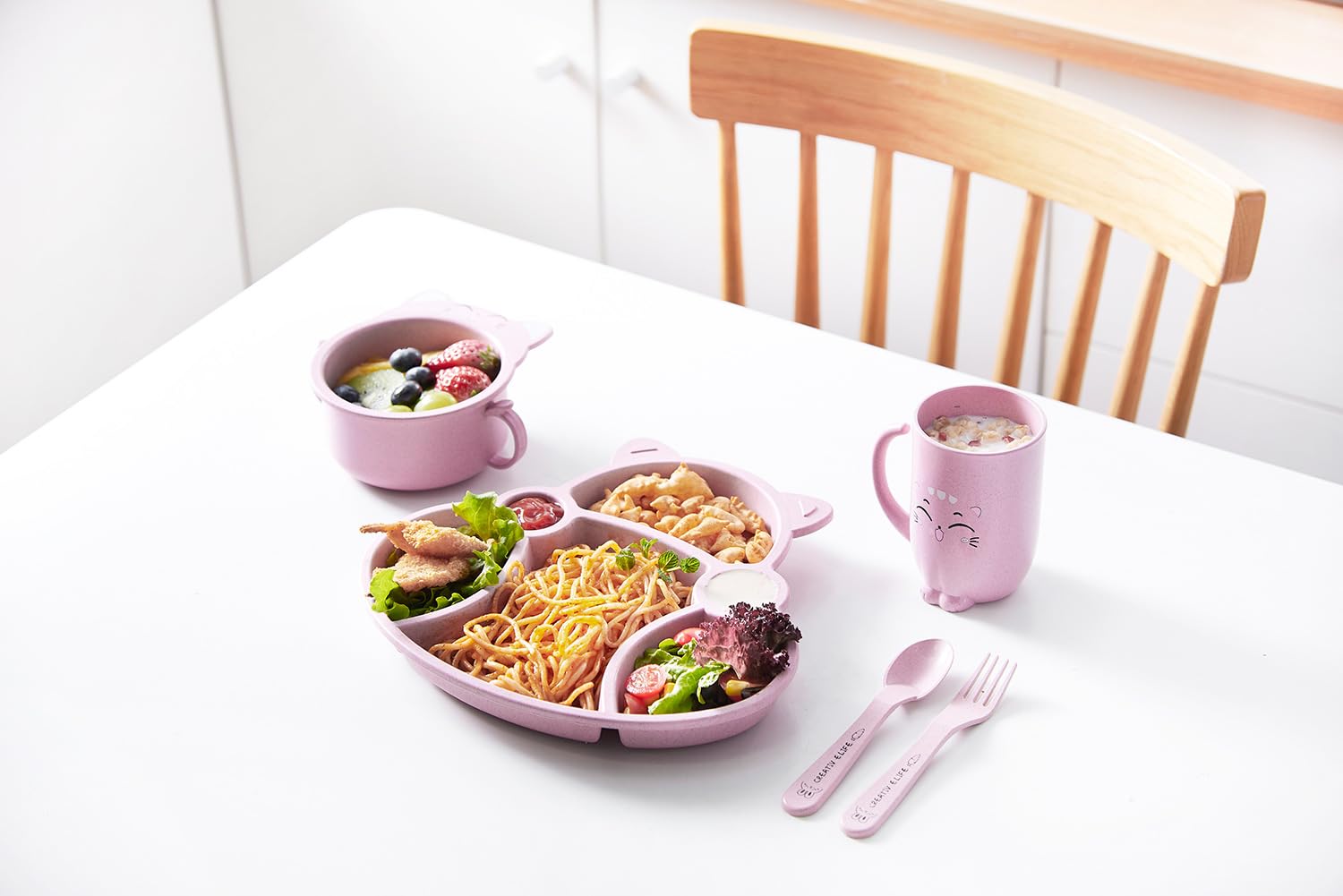 MEZON Wheat Straw Divided Dinner Tray, Unbreakable Dinner Set for Kids Dinner Plates with Bowl Cup Fork Spoon Chopsticks Tableware Set Baby Dinning Set (Pink) 4