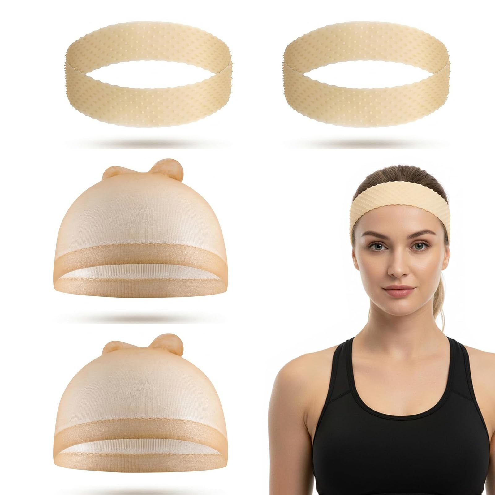 Rete per Capelli - 2 Silicone Wig Grip Band + 2 Cuffie Parrucca Antiscivolo | Wig Cap, Retina Capelli, Calza Parrucca per le Donne