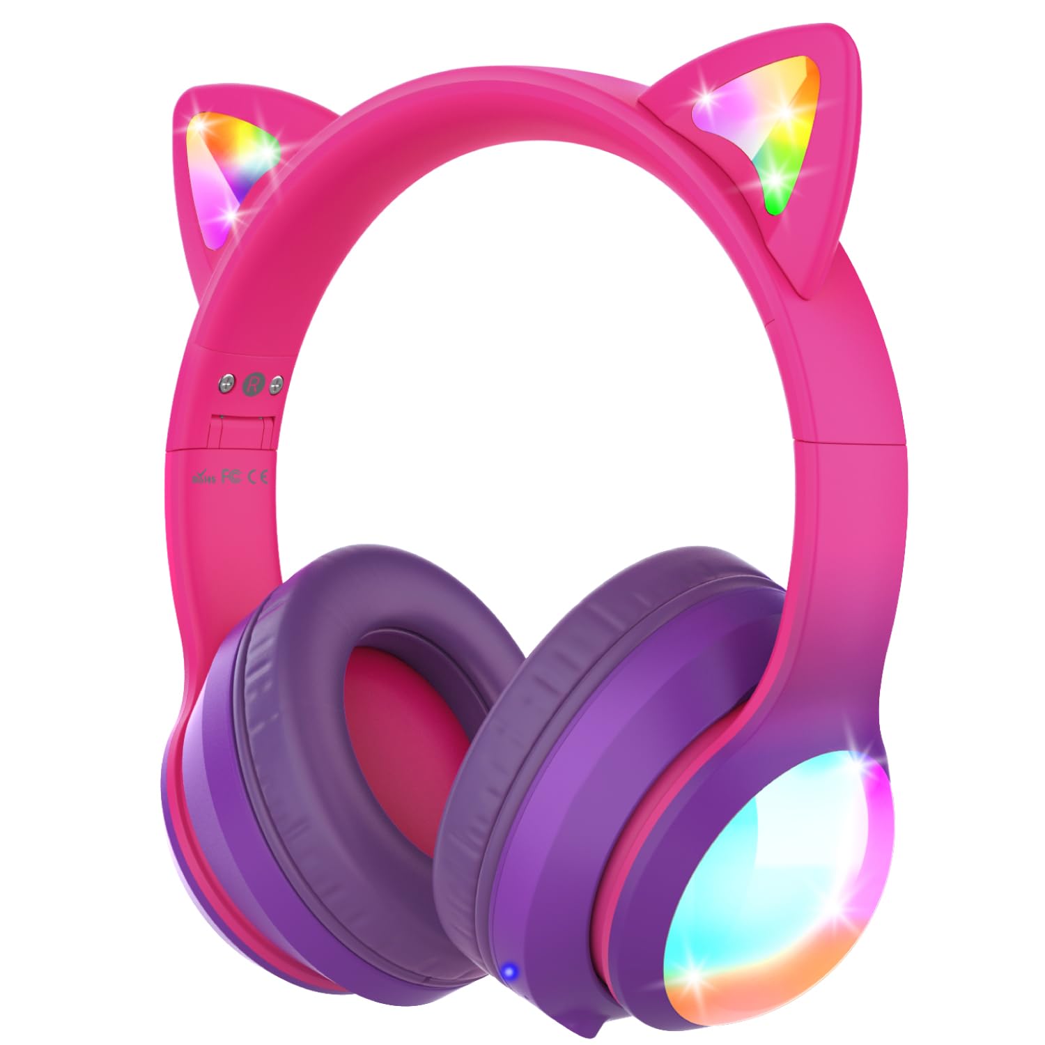 FosPower Kids Headphones with vibrant colored LED lights on cat ears and earcups