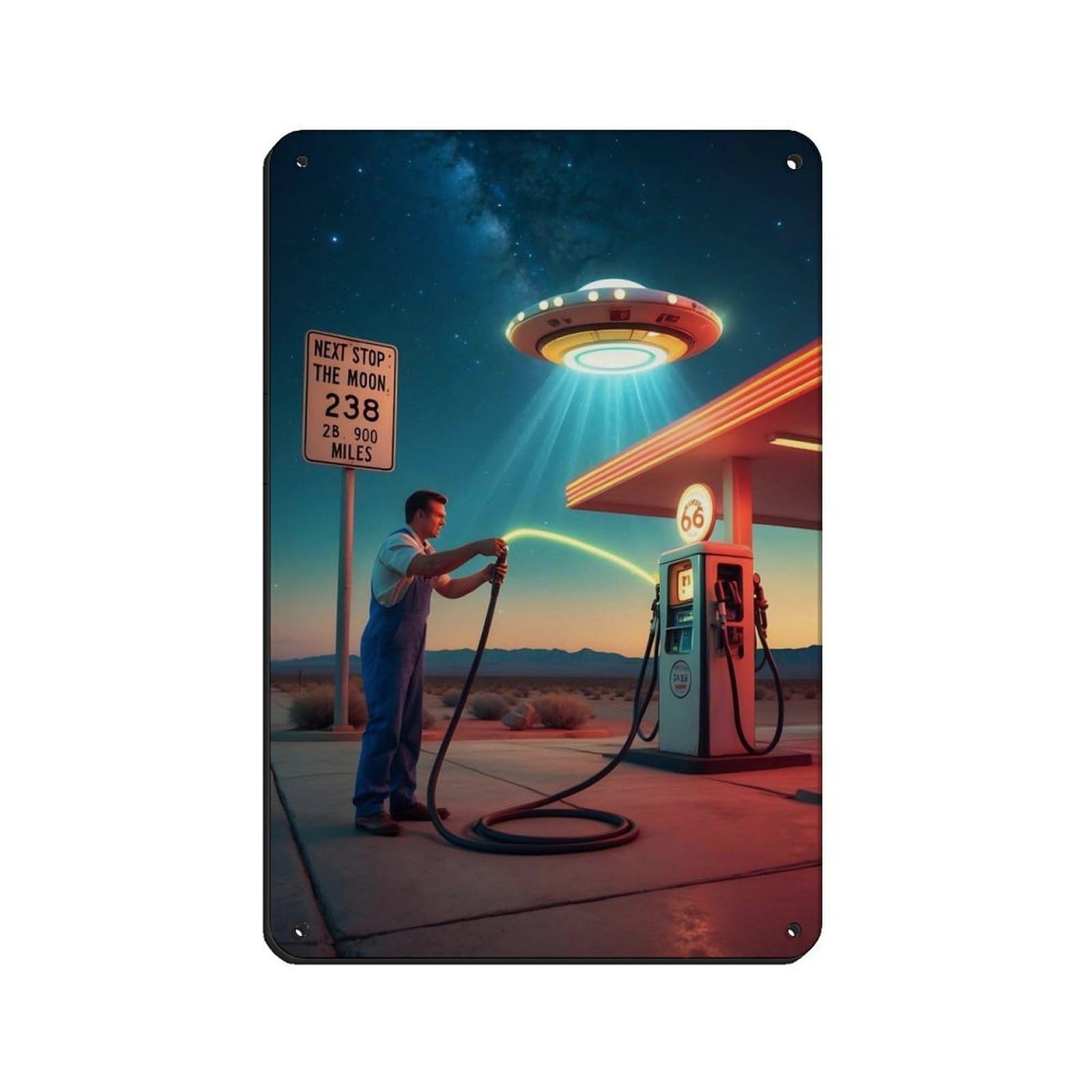 Retro Futuristic Gas Station Tin Sign Vintage Metal Pub Club Cafe Bar Home Wall Art Decoration Poster Retro 8x12inch(20x30cm)