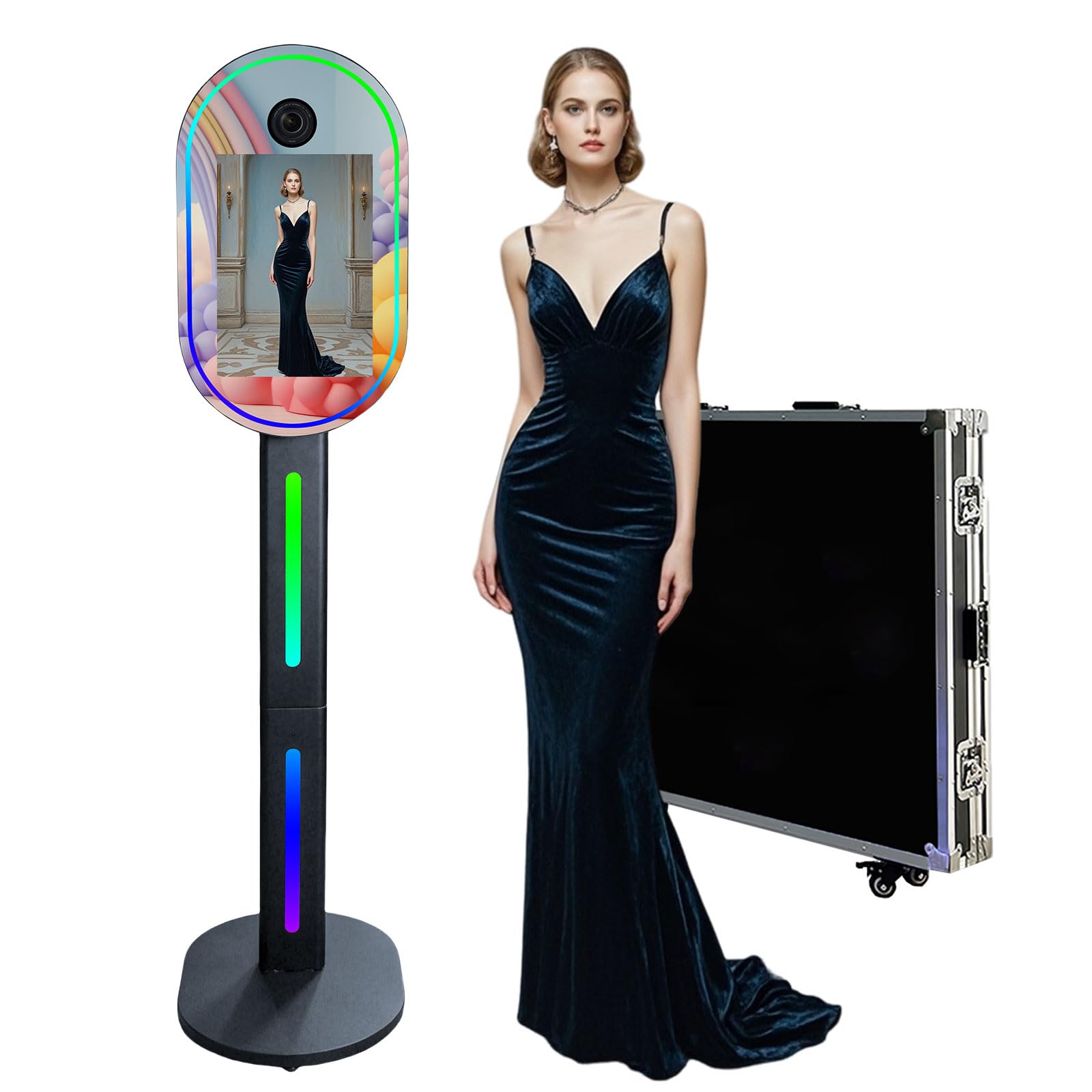 15.6 Inch Portable Mirror Photo Booth with RGB Light,Magic Mirror Shell Stand Selfie Photobooth Machine Touch Screen with Flight Case for Party (Black, Photo Booth)