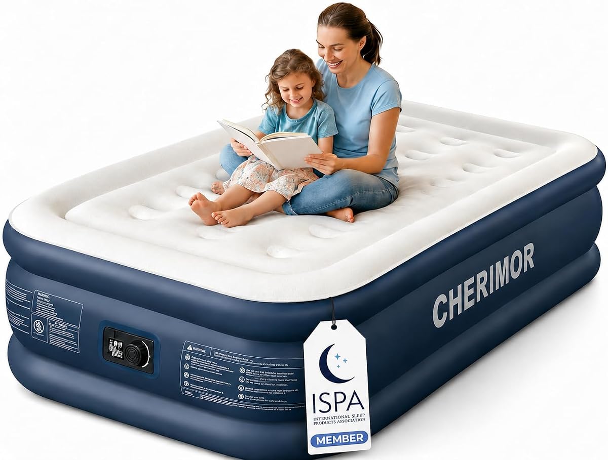 CHERIMOR 18" Twin Air Mattress with Built-in Pump, Reinforced Air Coil Beam