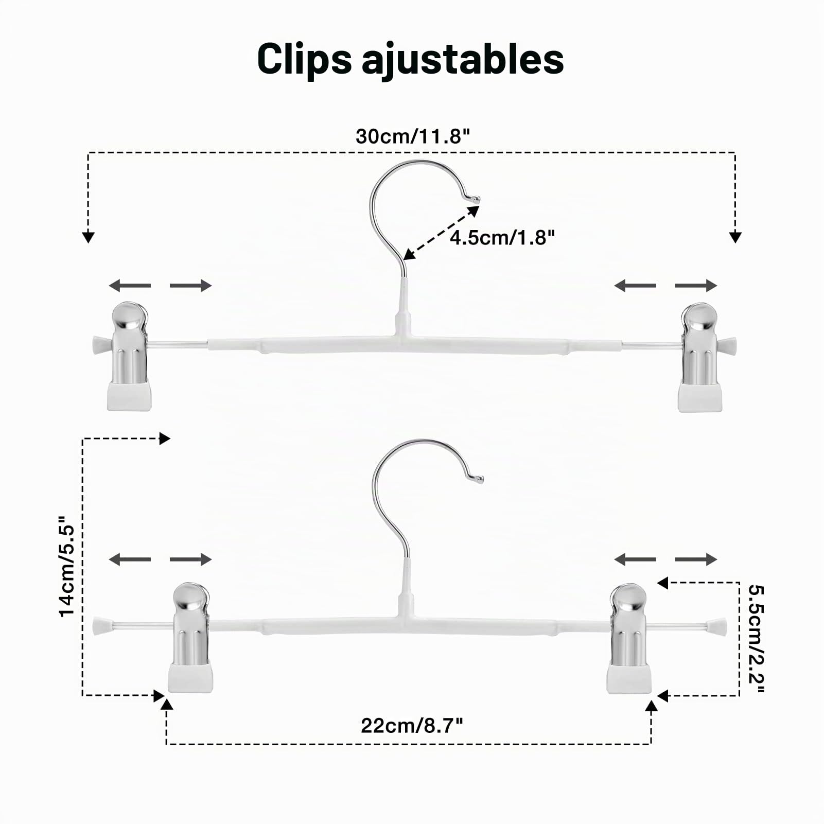 GUANJUNE Perchas finas para pantalones, perchas antideslizantes para pantalones con clips ajustables, perchas que ahorran espacio para ropa, faldas, jeans, abrigos (blanco, 10)