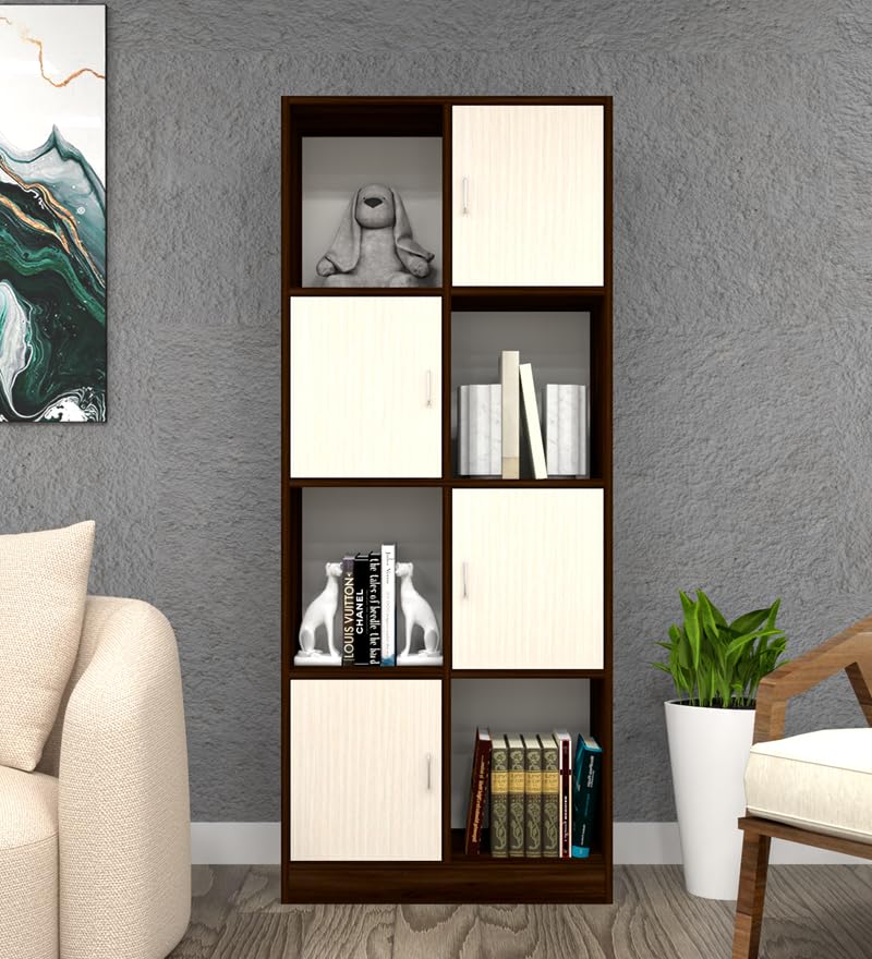 Image of SPECIALITY PANELS 8 Cube Bookshelf with Doors, Brown and Cream, 73x35x176 cm, Modern Display Storage Unit with Carpenter Assembly