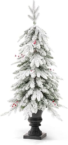 Miniatura 5 de Glitzhome 1 árbol de Navidad artificial de abeto flocado preiluminado, árbol de Navidad de 4 pies con 100 luces blancas cálidas y bayas rojas para