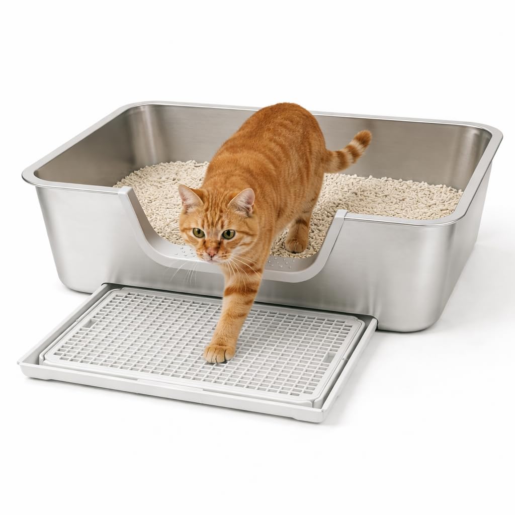 Edelstahl Katzenklo Groß XXL mit Sieb, Hoher Rand & Niedriger Eingang, Geruchsfrei, Leicht zu Reinigen, Katzenklo Metall für Große Katzen & Mehrkatzenhaushalte, 60×40×20cm
