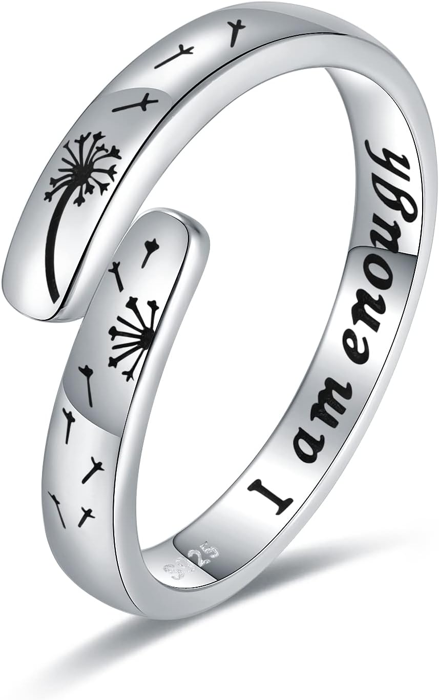 925-Sterling-Silve I Am Enough Dandelion Ring - Adjustable Open Nature Dandelion Jewelry Encouragement Inspirational Gifts for Women(Dandelion Ring)