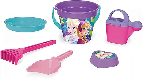 Wader 77937 Disney Frozen - Juego de cubos con cubo, colador, jarra de agua, pala, rastrillo y forma de arena, 6 piezas, colorido
