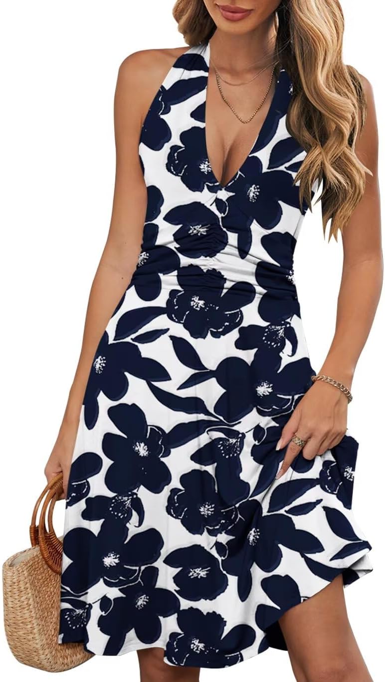 WKIOR Womens Sundress Summer Beach Vacation Sleeveless Halter Neck A-Line 2026 Boho Floral Midi Dress with Pockets