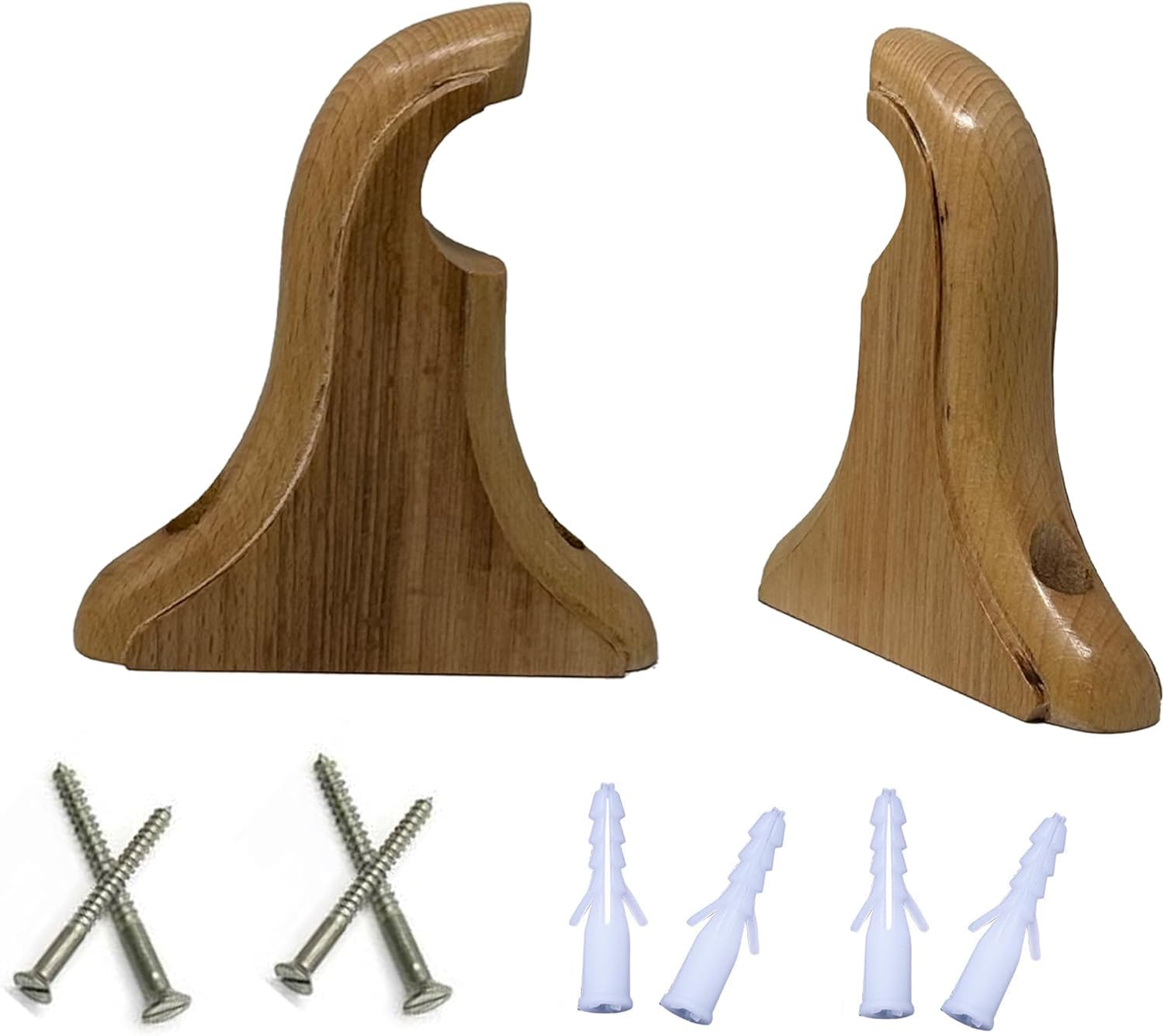 Wooden Drapery Curtain Rod Support Bracket Finial With Mounting Screw– Ideal for Up to 2-Inch (5Cm) Curtain Rod | Perfect for Window and Doors | Set of 2 (Natural Beechwood, UP TO 2 INCH (5Cm)