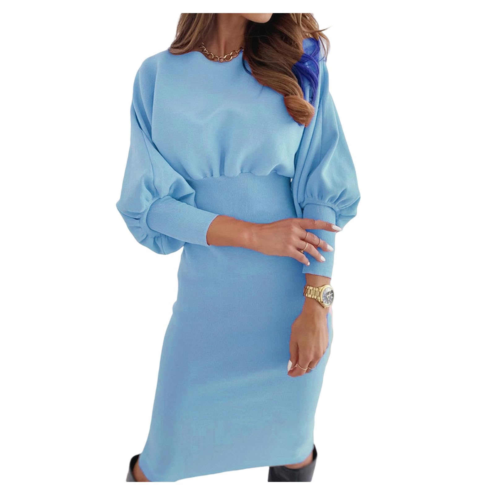 Womens Lantern Long Sleeve Pencil Midi Dress Casual Solid Bodycon Sweater Dress Formal Pullover Fashion Clothing
