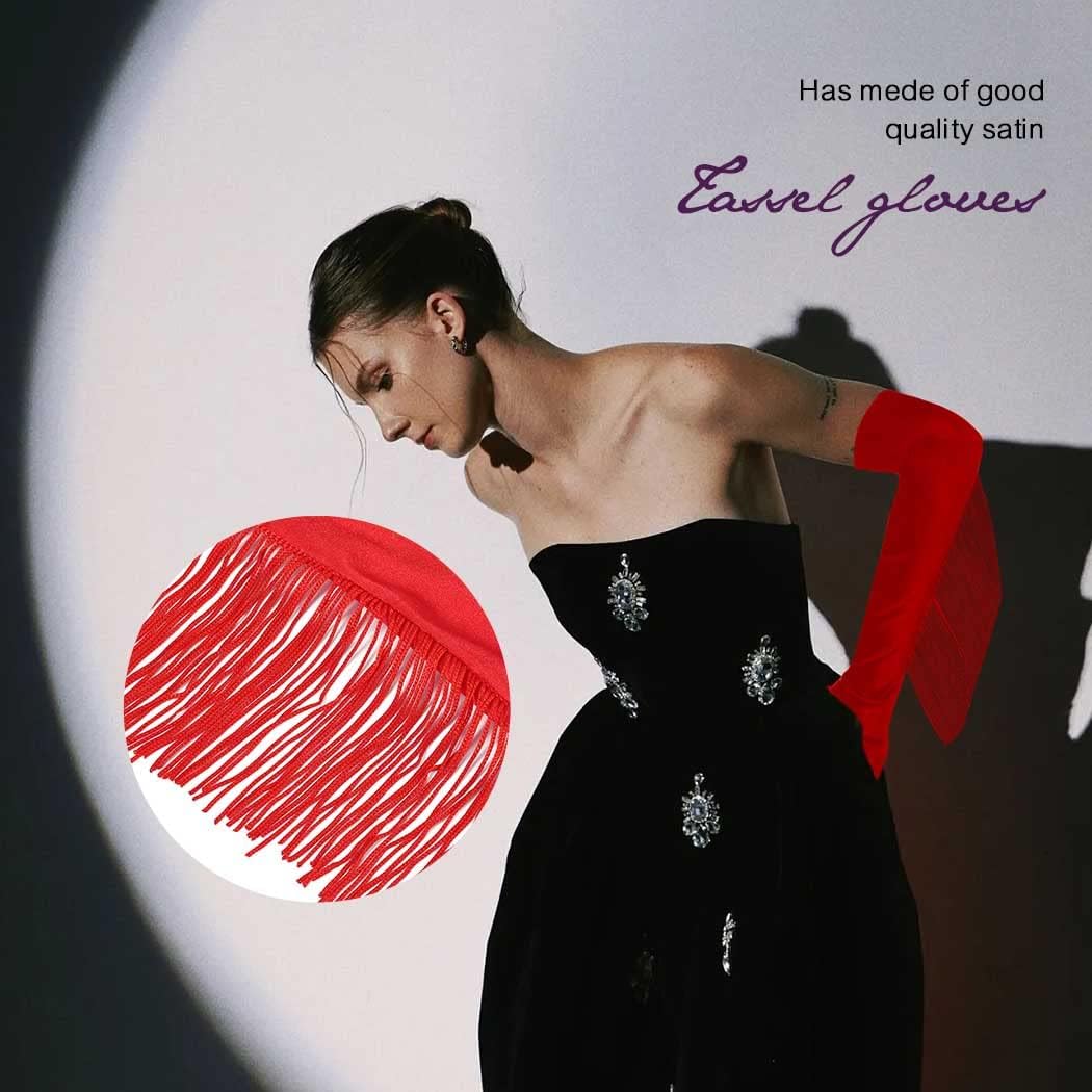 Red Fringe Christmas Gloves Long Stretchy Satin Gloves for Women - Image 6